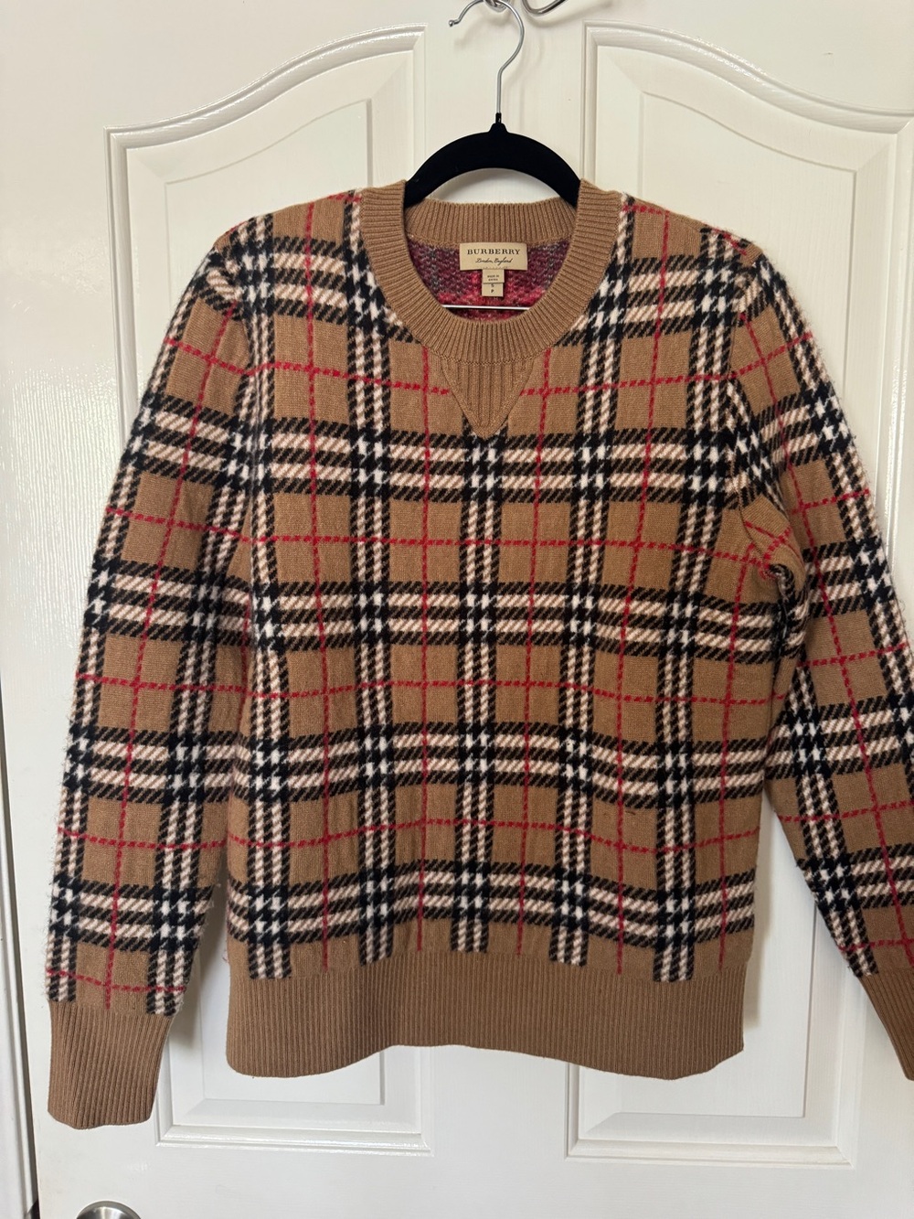 Burberry Camel Plaid Crewneck Sweater 100% Cashmere
